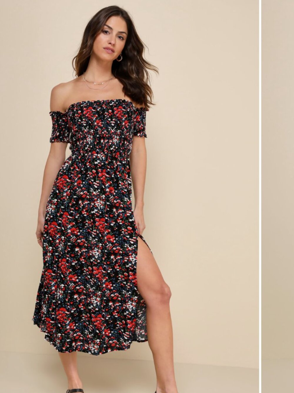 Lulus View from the Meadow Black Floral Print Off-the-Shoulder Dress.